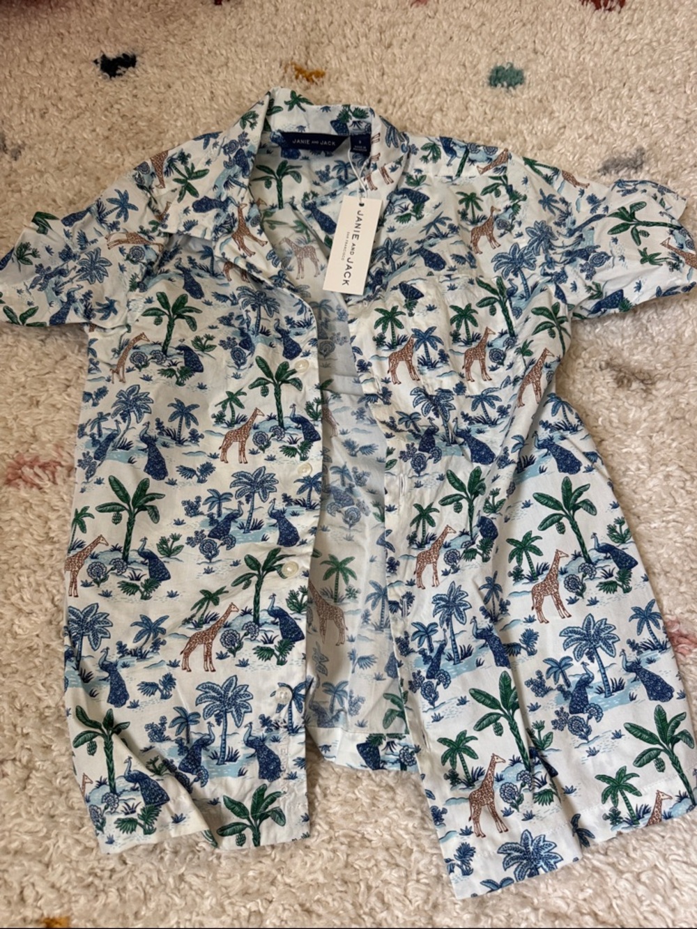 Janie and Jack White Button-Down Shirt with Blue, Green & Tan Safari Print
